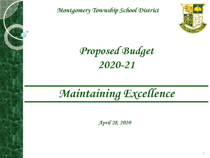 Montgomery Township School District Proposed Budget 2020 -21 Maintaining Excellence April 28, 2020 1