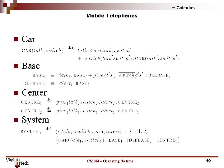 Mobile Telephones n Car n Base n Center n System CS 5204 – Operating