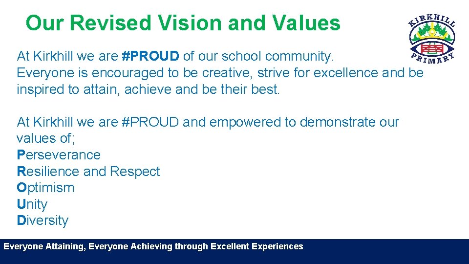 Our Revised Vision and Values At Kirkhill we are #PROUD of our school community.
