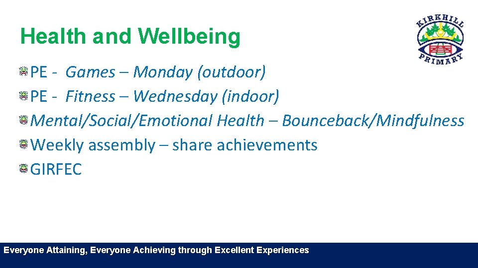 Health and Wellbeing PE - Games – Monday (outdoor) PE - Fitness – Wednesday