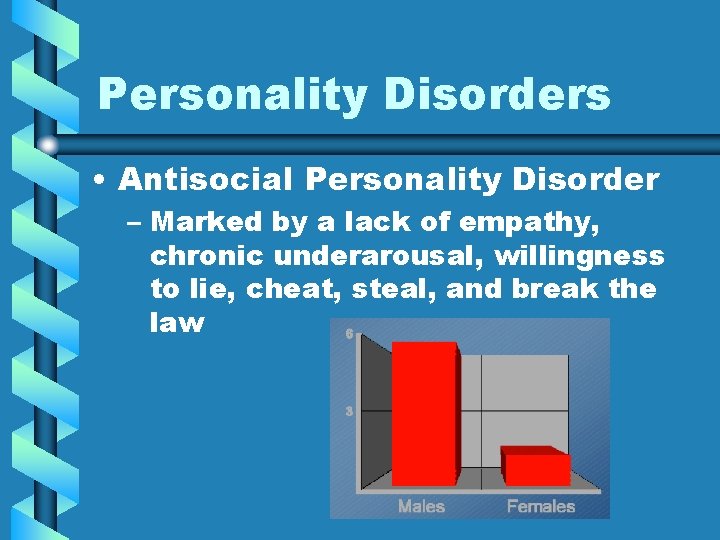 Personality Disorders • Antisocial Personality Disorder – Marked by a lack of empathy, chronic