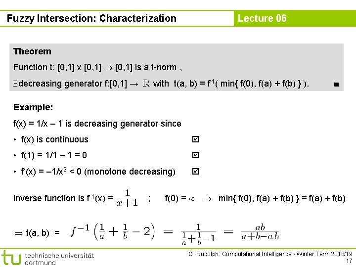 Fuzzy Intersection: Characterization Lecture 06 Theorem Function t: [0, 1] x [0, 1] →