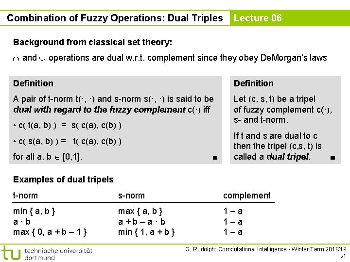 Combination of Fuzzy Operations: Dual Triples Lecture 06 Background from classical set theory: and