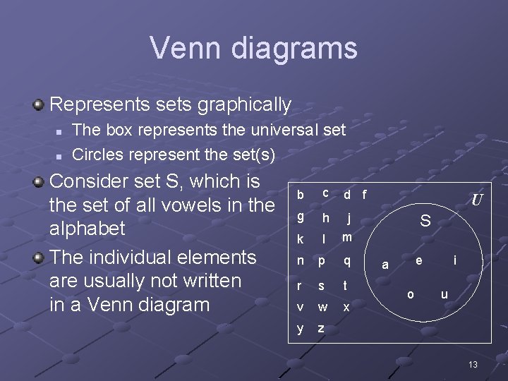 Venn diagrams Represents sets graphically n n The box represents the universal set Circles