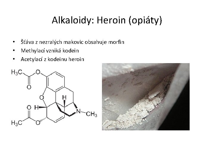 Alkaloidy: Heroin (opiáty) • Šťáva z nezralých makovic obsahuje morfin • Methylací vzniká kodein