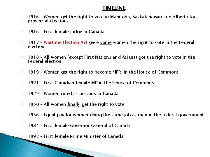 TIMELINE 1916 – Women get the right to vote in Manitoba, Saskatchewan and Alberta TIMELINE 1916 – Women get the right to vote in Manitoba, Saskatchewan and Alberta