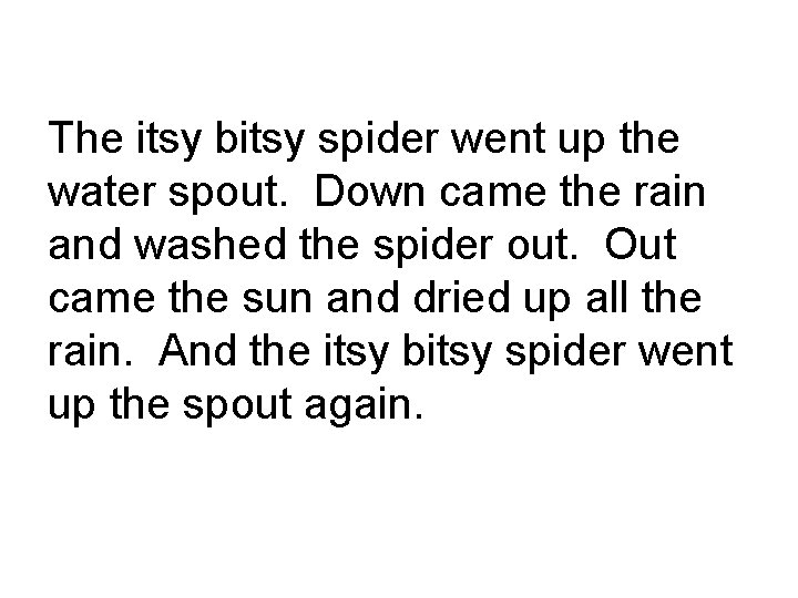 The itsy bitsy spider went up the water spout. Down came the rain and