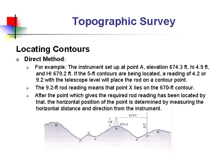 Topographic Survey Locating Contours Direct Method: For example: The instrument set up at point Topographic Survey Locating Contours Direct Method: For example: The instrument set up at point