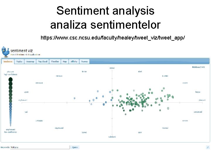 Sentiment analysis analiza sentimentelor https: //www. csc. ncsu. edu/faculty/healey/tweet_viz/tweet_app/ 