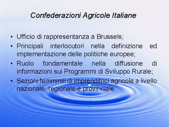 Confederazioni Agricole Italiane • Ufficio di rappresentanza a Brussels; • Principali interlocutori nella definizione