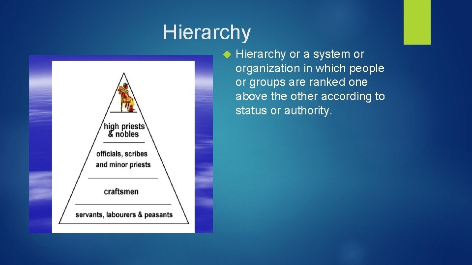 Hierarchy or a system or organization in which people or groups are ranked one