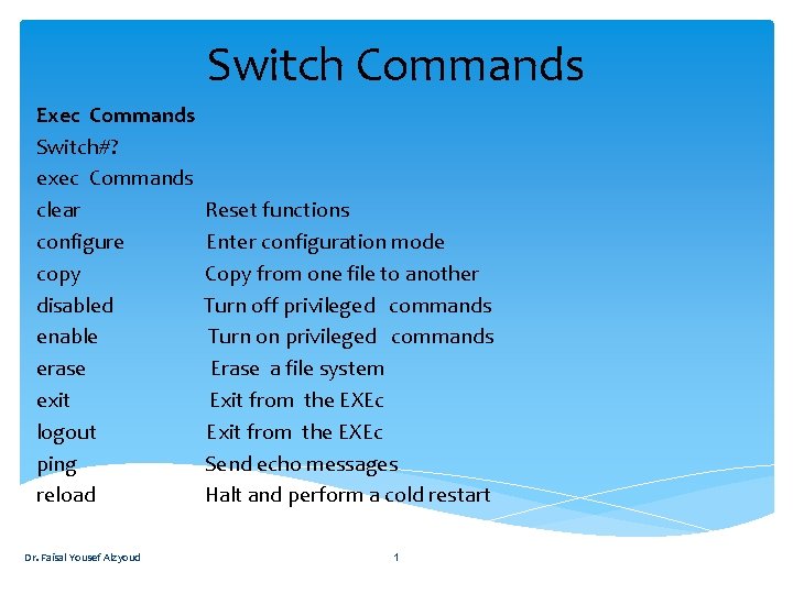 Switch Commands Exec Commands Switch#? exec Commands clear configure copy disabled enable erase exit