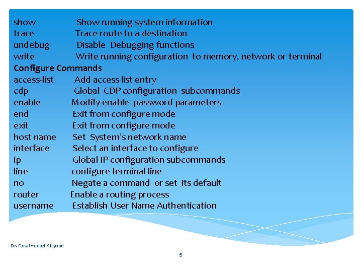 show Show running system information trace Trace route to a destination undebug Disable Debugging