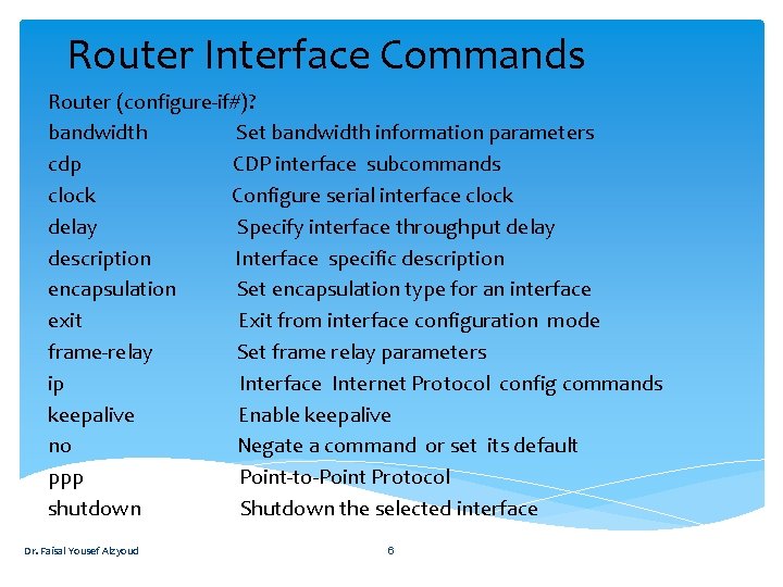Router Interface Commands Router (configure-if#)? bandwidth Set bandwidth information parameters cdp CDP interface subcommands