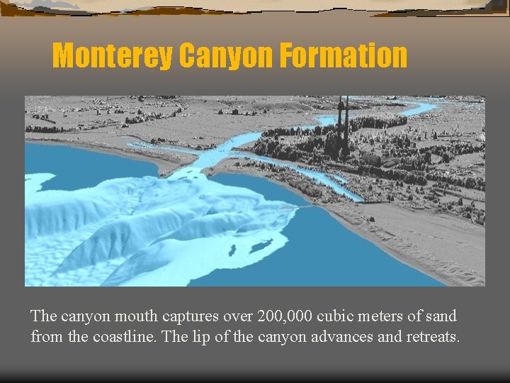 Monterey Canyon Formation The canyon mouth captures over 200, 000 cubic meters of sand