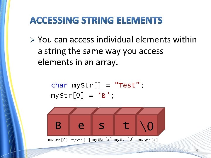 Ø You can access individual elements within a string the same way you access