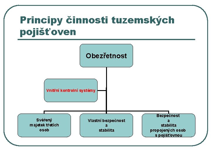 Principy činnosti tuzemských pojišťoven Obezřetnost Vnitřní kontrolní systémy Svěřený majetek třetích osob Vlastní bezpečnost Principy činnosti tuzemských pojišťoven Obezřetnost Vnitřní kontrolní systémy Svěřený majetek třetích osob Vlastní bezpečnost
