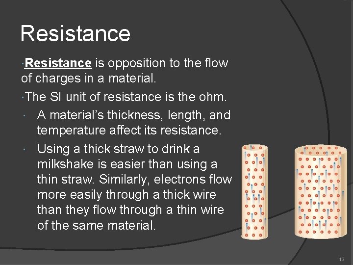 Resistance is opposition to the flow of charges in a material. The SI unit