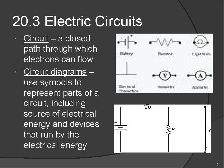 20. 3 Electric Circuits Circuit – a closed path through which electrons can flow