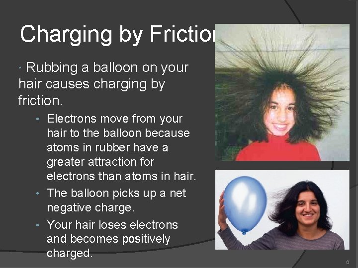Charging by Friction Rubbing a balloon on your hair causes charging by friction. •