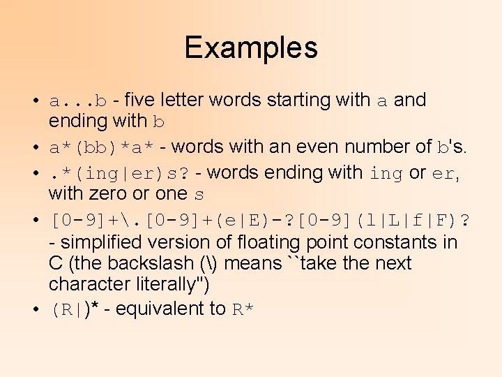 Examples • a. . . b - five letter words starting with a and
