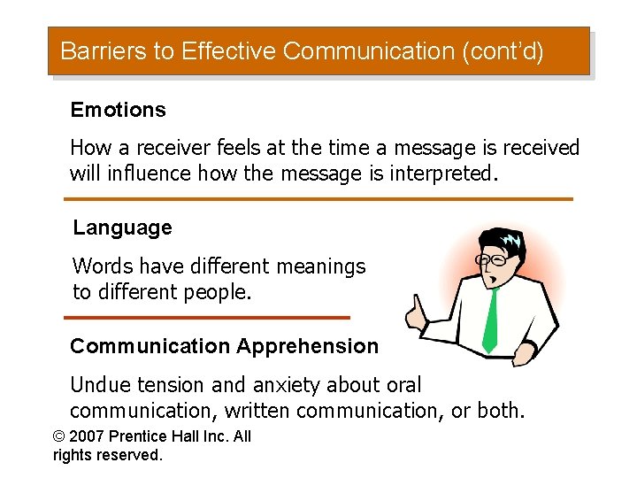 Barriers to Effective Communication (cont’d) Emotions How a receiver feels at the time a