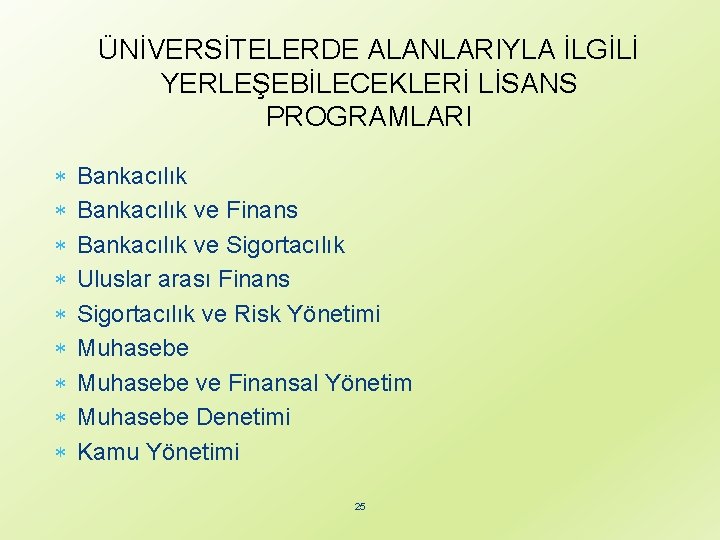 ÜNİVERSİTELERDE ALANLARIYLA İLGİLİ YERLEŞEBİLECEKLERİ LİSANS PROGRAMLARI Bankacılık ve Finans Bankacılık ve Sigortacılık Uluslar arası