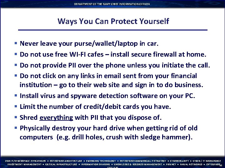 DEPARTMENT OF THE NAVY CHIEF INFORMATION OFFICER Ways You Can Protect Yourself § Never
