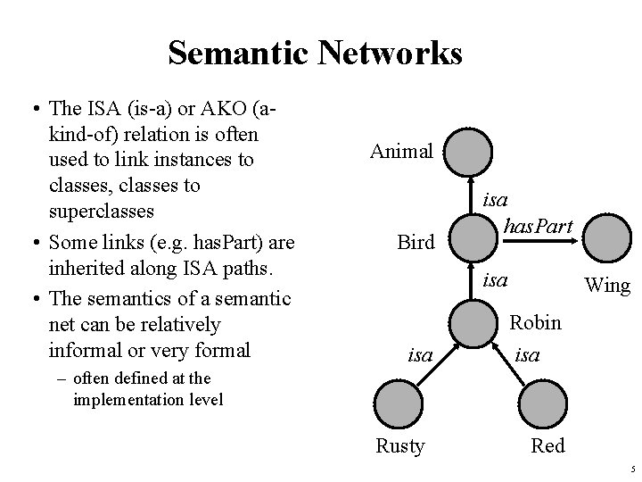 Semantic Networks • The ISA (is-a) or AKO (akind-of) relation is often used to