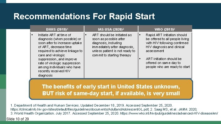 Recommendations For Rapid Start DHHS (2019)1 • Initiate ART at time of • diagnosis