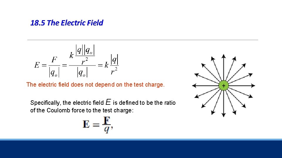 18. 5 The Electric Field The electric field does not depend on the test