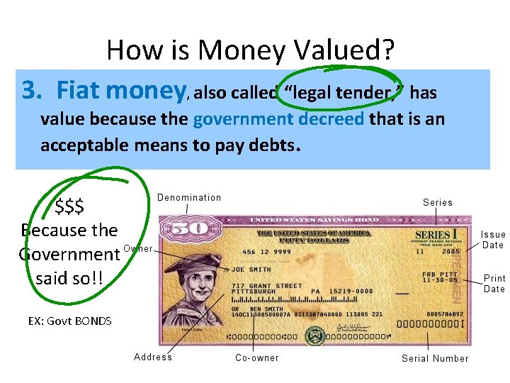 How is Money Valued? 3. Fiat money, also called “legal tender, ” has value