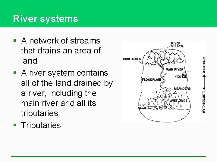 River systems § A network of streams that drains an area of land. §