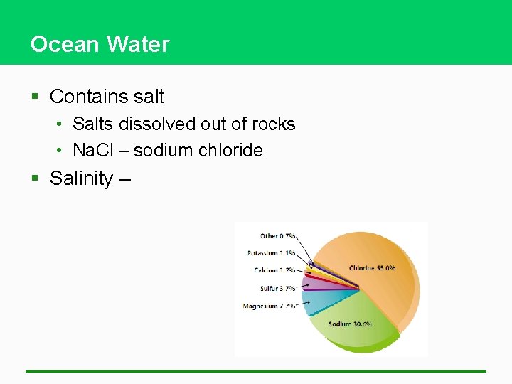 Ocean Water § Contains salt • Salts dissolved out of rocks • Na. Cl