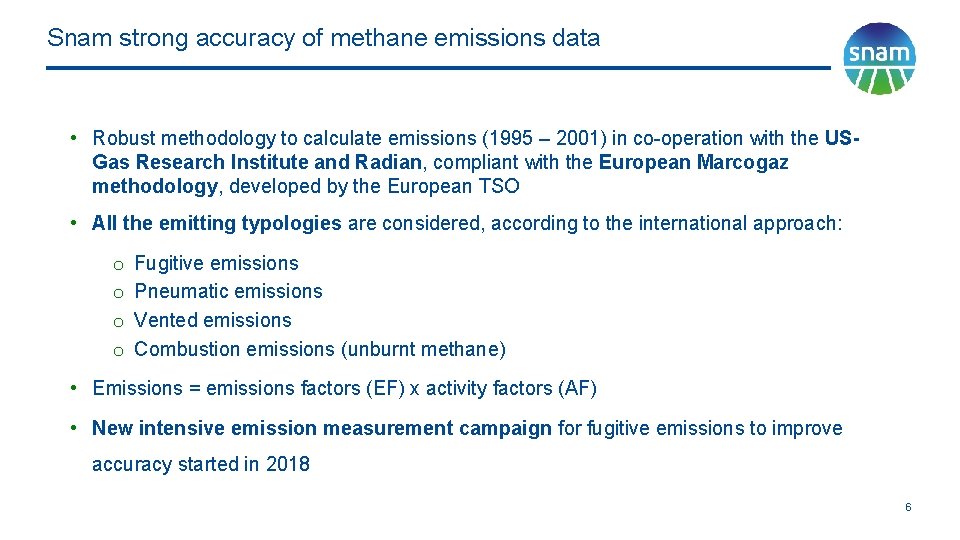 Snam strong accuracy of methane emissions data • Robust methodology to calculate emissions (1995