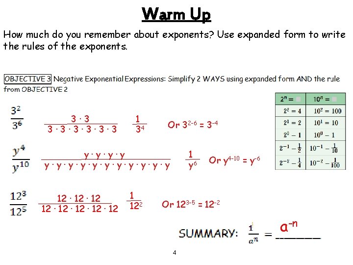 Warm Up How much do you remember about exponents? Use expanded form to write