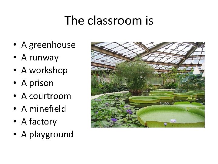 The classroom is • • A greenhouse A runway A workshop A prison A