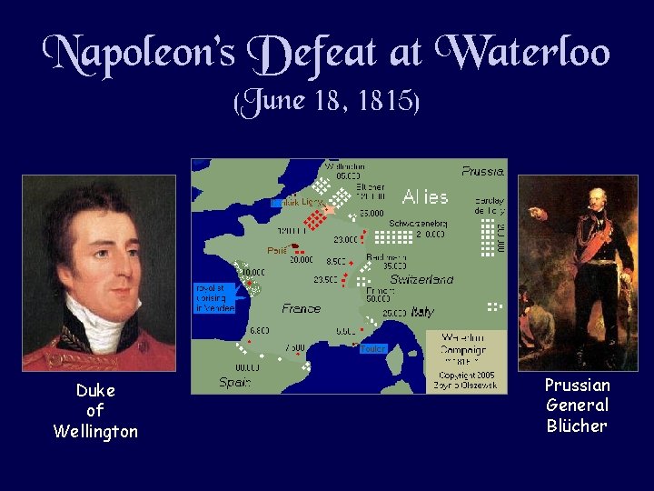 Napoleon’s Defeat at Waterloo (June 18, 1815) Duke of Wellington Prussian General Blücher 