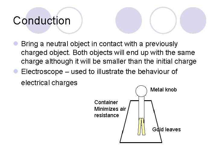 Conduction l Bring a neutral object in contact with a previously charged object. Both