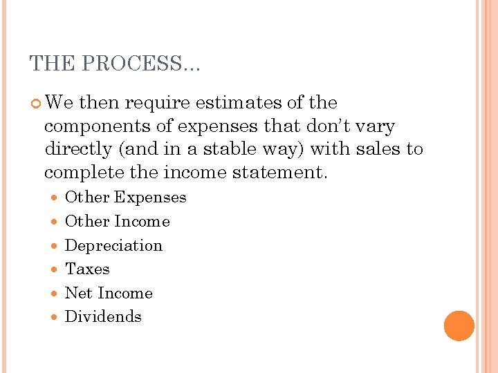 THE PROCESS… We then require estimates of the components of expenses that don’t vary