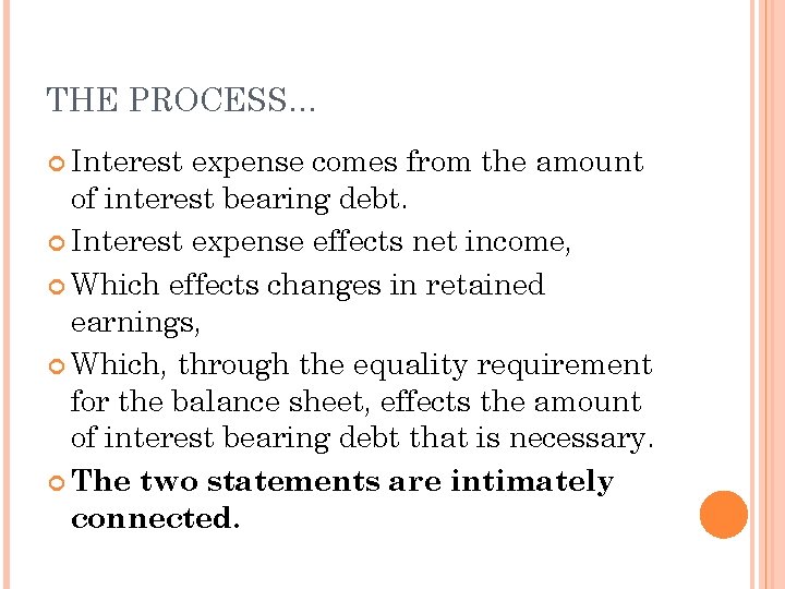 THE PROCESS… Interest expense comes from the amount of interest bearing debt. Interest expense