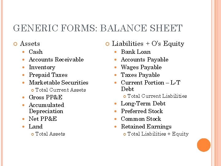 GENERIC FORMS: BALANCE SHEET Assets Cash Accounts Receivable Inventory Prepaid Taxes Marketable Securities Liabilities