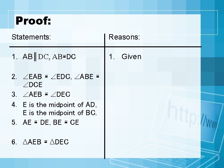 Proof: Statements: Reasons: 1. AB║DC, AB≅DC 1. Given 2. EAB ≅ EDC, ABE ≅