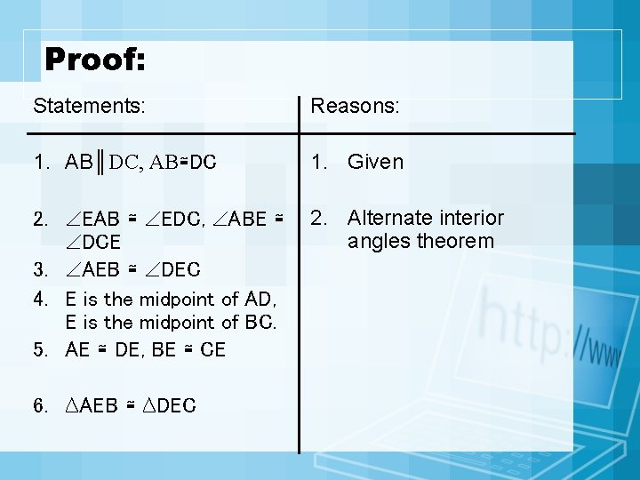 Proof: Statements: Reasons: 1. AB║DC, AB≅DC 1. Given 2. EAB ≅ EDC, ABE ≅