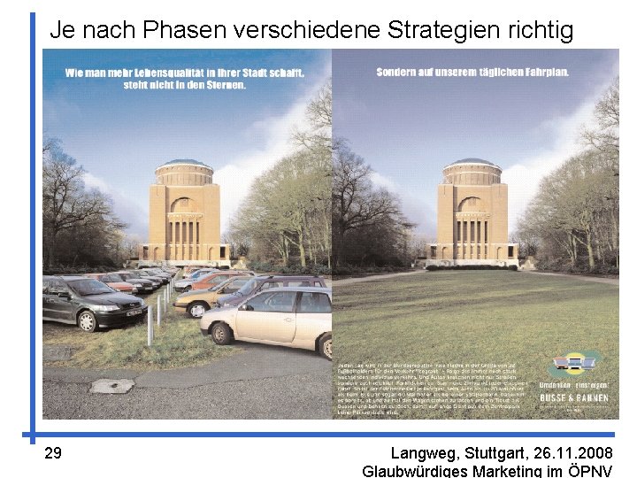 Je nach Phasen verschiedene Strategien richtig Phase Strategien Glücklicher Autofahrer („präkontemplativ“); nutzt ÖPNV nie