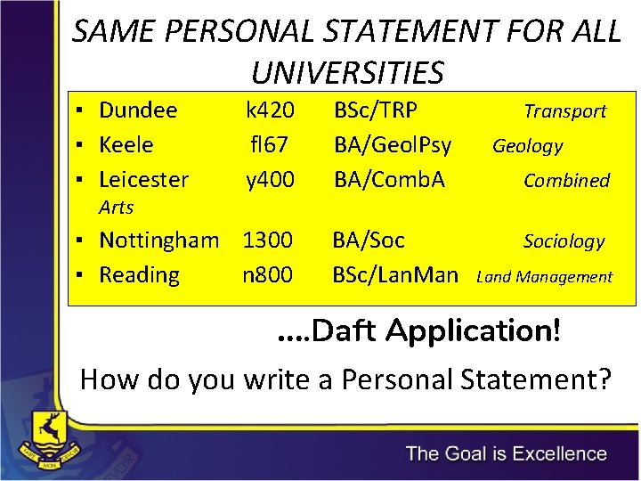 SAME PERSONAL STATEMENT FOR ALL UNIVERSITIES ▪ Dundee ▪ Keele ▪ Leicester k 420 SAME PERSONAL STATEMENT FOR ALL UNIVERSITIES ▪ Dundee ▪ Keele ▪ Leicester k 420
