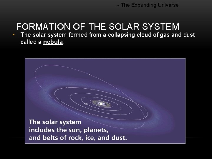 - The Expanding Universe FORMATION OF THE SOLAR SYSTEM • The solar system formed