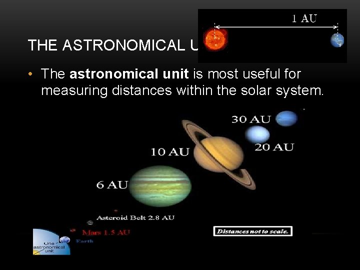 THE ASTRONOMICAL UNIT • The astronomical unit is most useful for measuring distances within