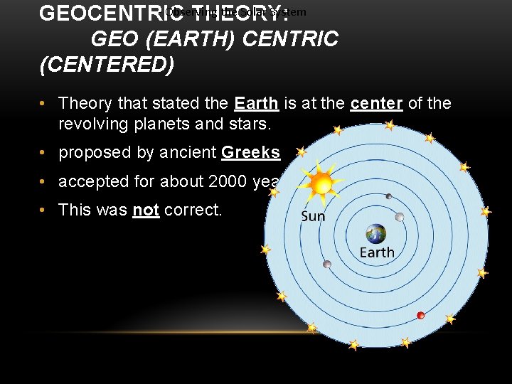 - Observing the Solar System GEOCENTRIC THEORY: GEO (EARTH) CENTRIC (CENTERED) • Theory that