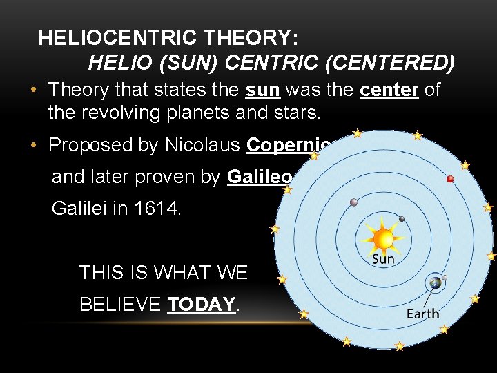 HELIOCENTRIC THEORY: HELIO (SUN) CENTRIC (CENTERED) • Theory that states the sun was the